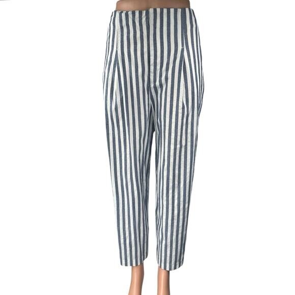 Zara Blue Striped High Waisted Pleated Straight Tapered Ankle Trousers Pants M - Picture 1 of 5